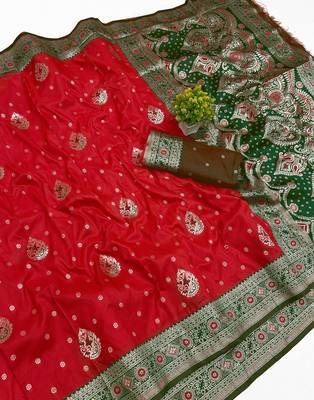 Red Art silk blend saree with blouse 1