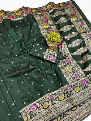 Dark green Art silk blend saree with blouse 1