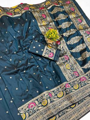 Blue Art silk blend saree with blouse 1