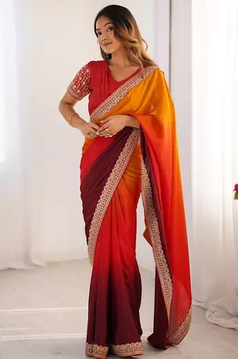 orange solid chinon  saree comes with matching blouse