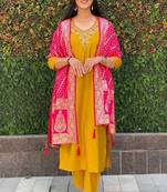 Musterd colour with hand work with roman silk stitch for women