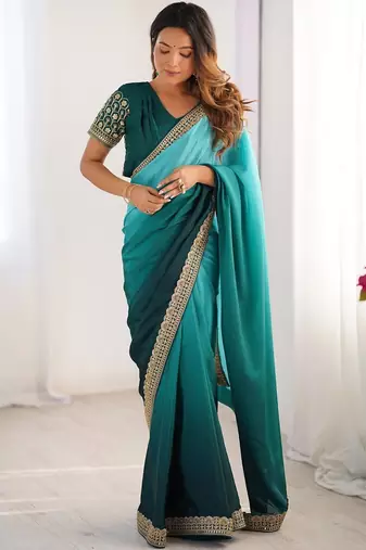teal solid chinon  saree comes with matching blouse