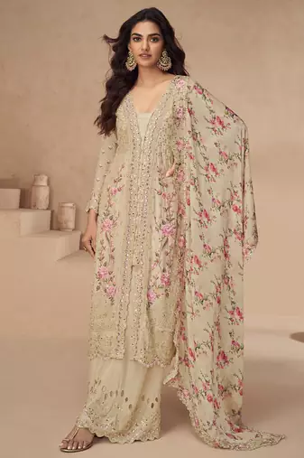 Cream chinon silk embroidered Palazzo suit