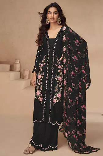 Black chinon silk embroidered Palazzo suit