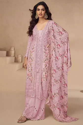 Light pink chinon silk embroidered Palazzo suit