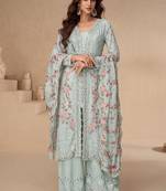 Sea green chinon silk embroidered Palazzo suit