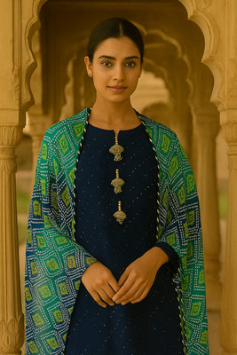 Cotton blend self weaving suit with bandhej print dupatta 1