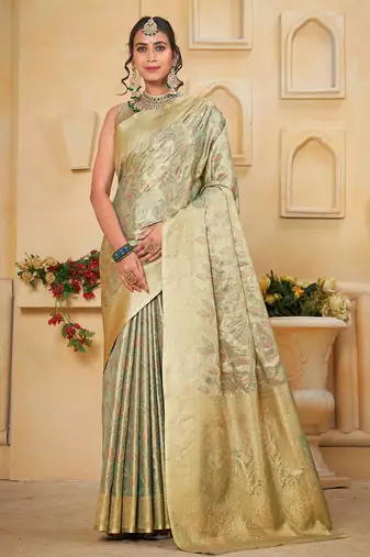 pista traditional prints silk woven saree comes with matching blouse