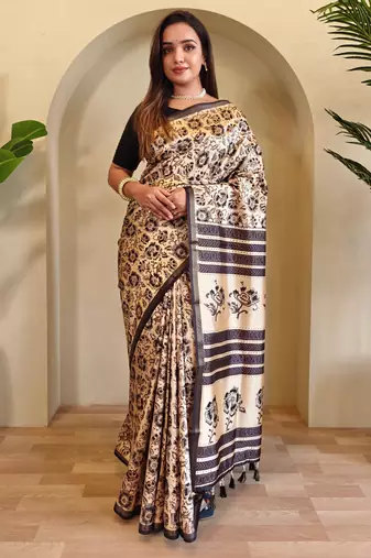 Cream Digital Print All Over Pure Dola Viscose Saree