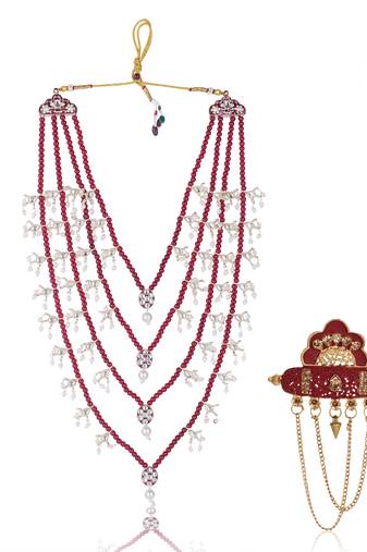 Men Kundan-Studded Pearl Groom Dulha Moti Mala Necklace With Designer Brooch