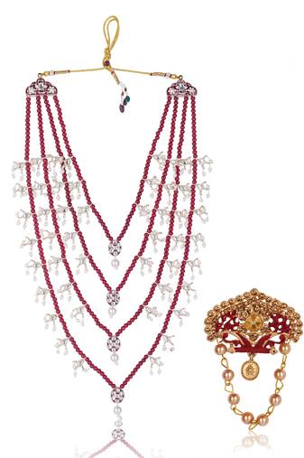 Men Kundan-Studded Pearl Groom Dulha Moti Mala Necklace With Designer Brooch