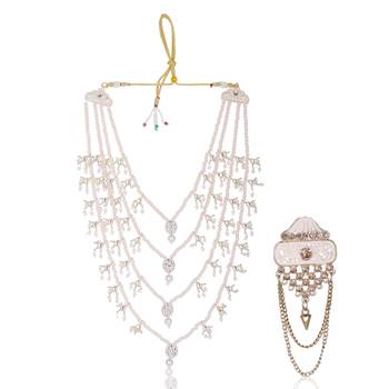 Men Kundan-Studded Pearl Groom Dulha Moti Mala Necklace With Designer Brooch 1