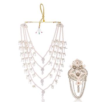 Men Kundan-Studded Pearl Groom Dulha Moti Mala Necklace With Designer Brooch 1