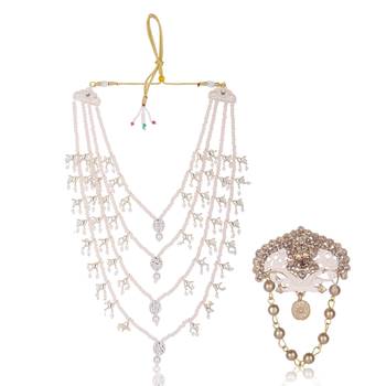 Men Kundan-Studded Pearl Groom Dulha Moti Mala Necklace With Designer Brooch 1