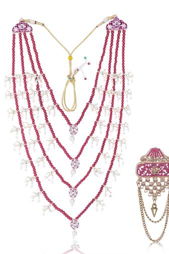 Men Kundan-Studded Pearl Groom Dulha Moti Mala Necklace With Designer Brooch