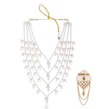 Men Kundan-Studded Pearl Groom Dulha Moti Mala Necklace With Designer Brooch 1