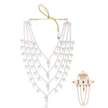 Men Kundan-Studded Pearl Groom Dulha Moti Mala Necklace With Designer Brooch 1