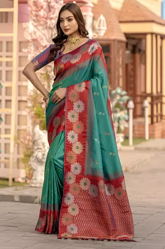 Sea green premium crafted silk Blend sarees with rich weaving