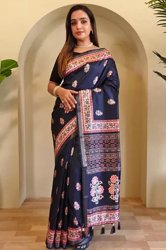 Navy Blue Digital Print All Over Pure Dola Viscose Saree