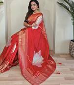 Red munga Silk Blend sarees with multi zari woven  3d flower