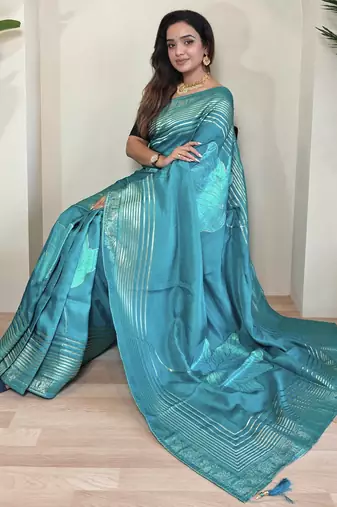 Sky blue munga Silk Blend sarees with multi zari woven  3d flower