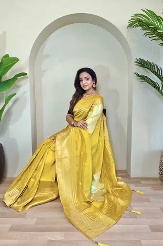 Yellow munga Silk Blend sarees with multi zari woven  3d flower