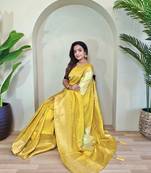 Yellow munga Silk Blend sarees with multi zari woven  3d flower
