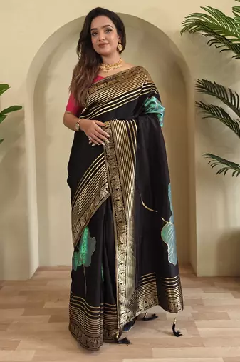 Black munga Silk Blend sarees with multi zari woven  3d flower