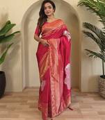 Pink munga Silk Blend sarees with multi zari woven  3d flower