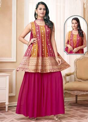 Womens Red Designer Embroidered Work Gharara Suit for Wedding, Reception, Party and Festivals Kurta Sharara Dupatta set 1