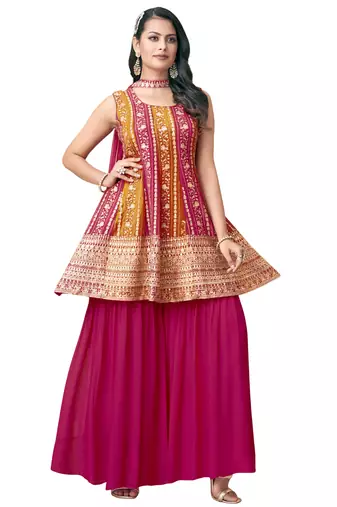 Womens Red Designer Embroidered Work Gharara Suit for Wedding, Reception, Party and Festivals Kurta Sharara Dupatta set