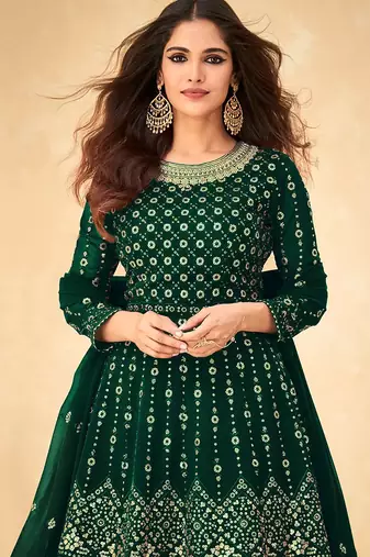 Green Embroidered Georgette Party Wear Straight Suit