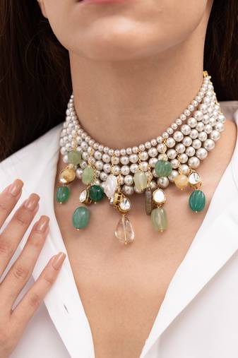 Gold plated pearl beaded choker necklace