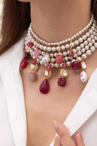 gold plated pearl beaded choker necklace