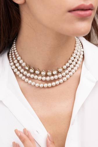 gold plated pearl layered choker necklace