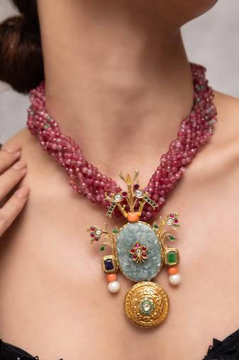  gold plated Pink Beaded  necklace