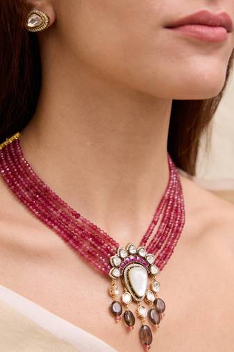 gold plated pink Beads necklace set