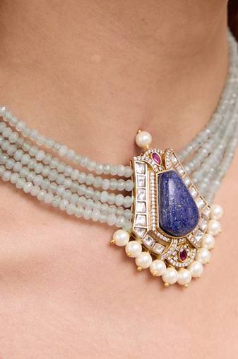 gold plated Blue stone beaded necklace set