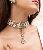 gold plated pearl green stone choker necklace set