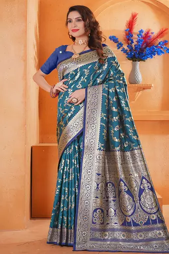  teal traditional   art silk woven saree comes with matching blouse