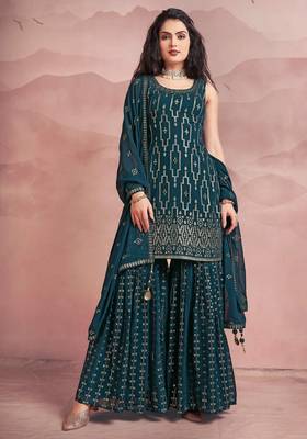 Womens Readymade Teal Green Sequin Embroidered Mirror Work Kurta Sharara Set with Dupatta 1