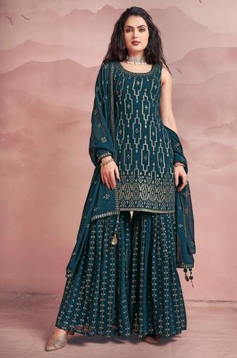Womens Readymade Teal Green Sequin Embroidered Mirror Work Kurta Sharara Set with Dupatta