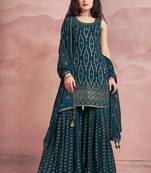 Womens Readymade Teal Green Sequin Embroidered Mirror Work Kurta Sharara Set with Dupatta