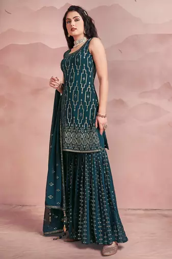 Womens Readymade Teal Green Sequin Embroidered Mirror Work Kurta Sharara Set with Dupatta
