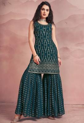 Womens Readymade Teal Green Sequin Embroidered Mirror Work Kurta Sharara Set with Dupatta 3