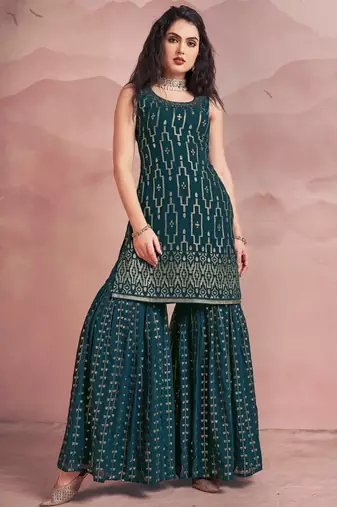 Womens Readymade Teal Green Sequin Embroidered Mirror Work Kurta Sharara Set with Dupatta