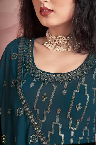 Womens Readymade Teal Green Sequin Embroidered Mirror Work Kurta Sharara Set with Dupatta