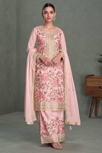 Pink embroidered chinon free size stitched palazzo style salwar suit
