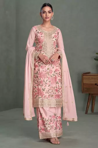 Pink embroidered chinon free size stitched palazzo style salwar suit