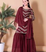 Womens Maroon Color Georgette Silk Readymade Kurta Sharara Dupatta Set 